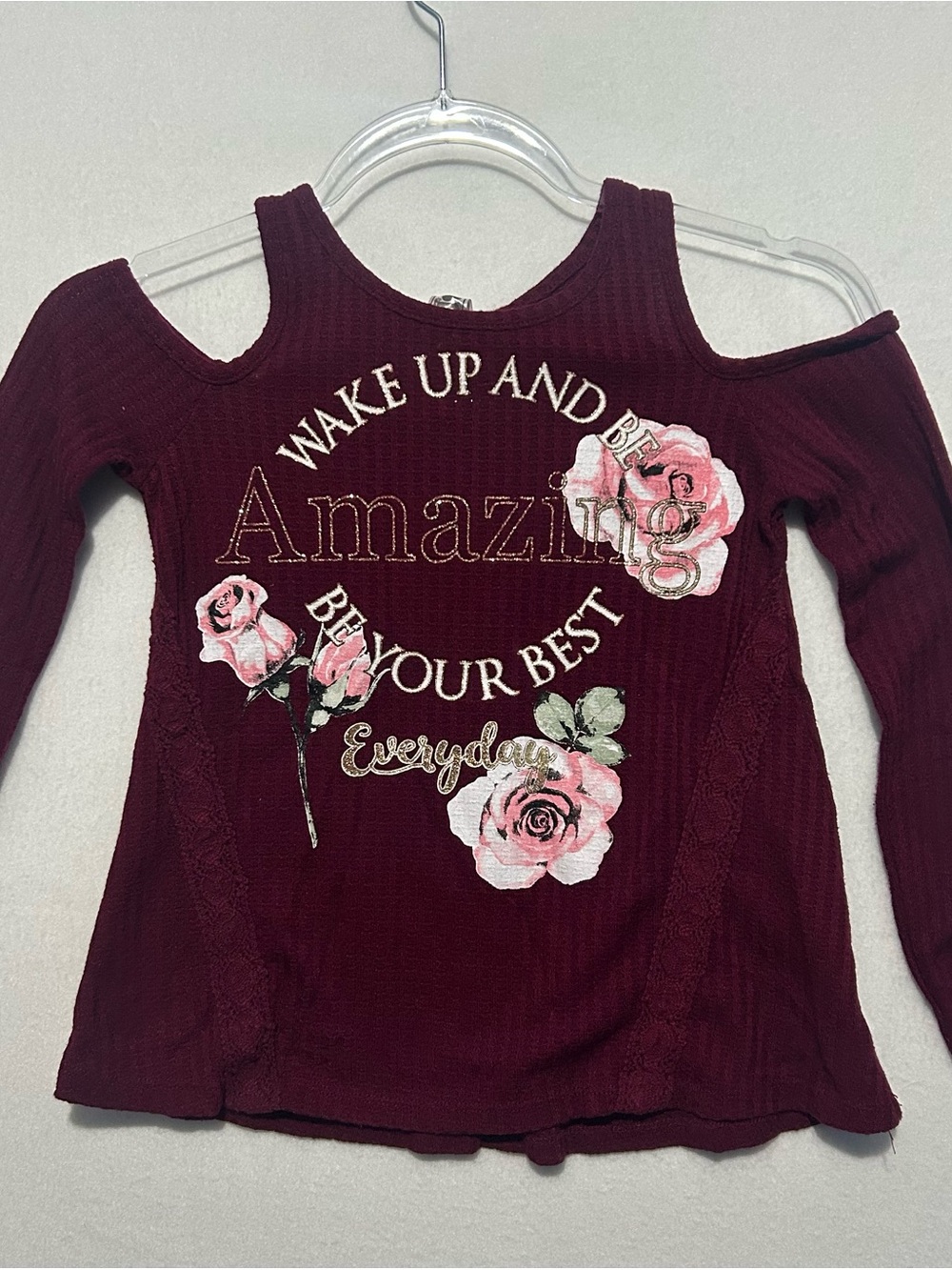 Beautees Girls Maroon Cold Shoulder Graphic Top Size M 10/12 Waffle Knit Rose